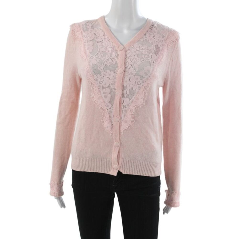 Love Shack Fancy Women Cardigan Pink V-Neck 55% Wool Long Sleeve Size XS